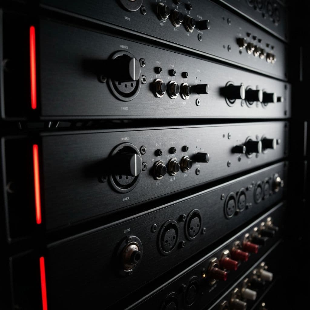 Detail eines Touring-Audio-Racks mit XLR-Buchsen und roten Status-LEDs