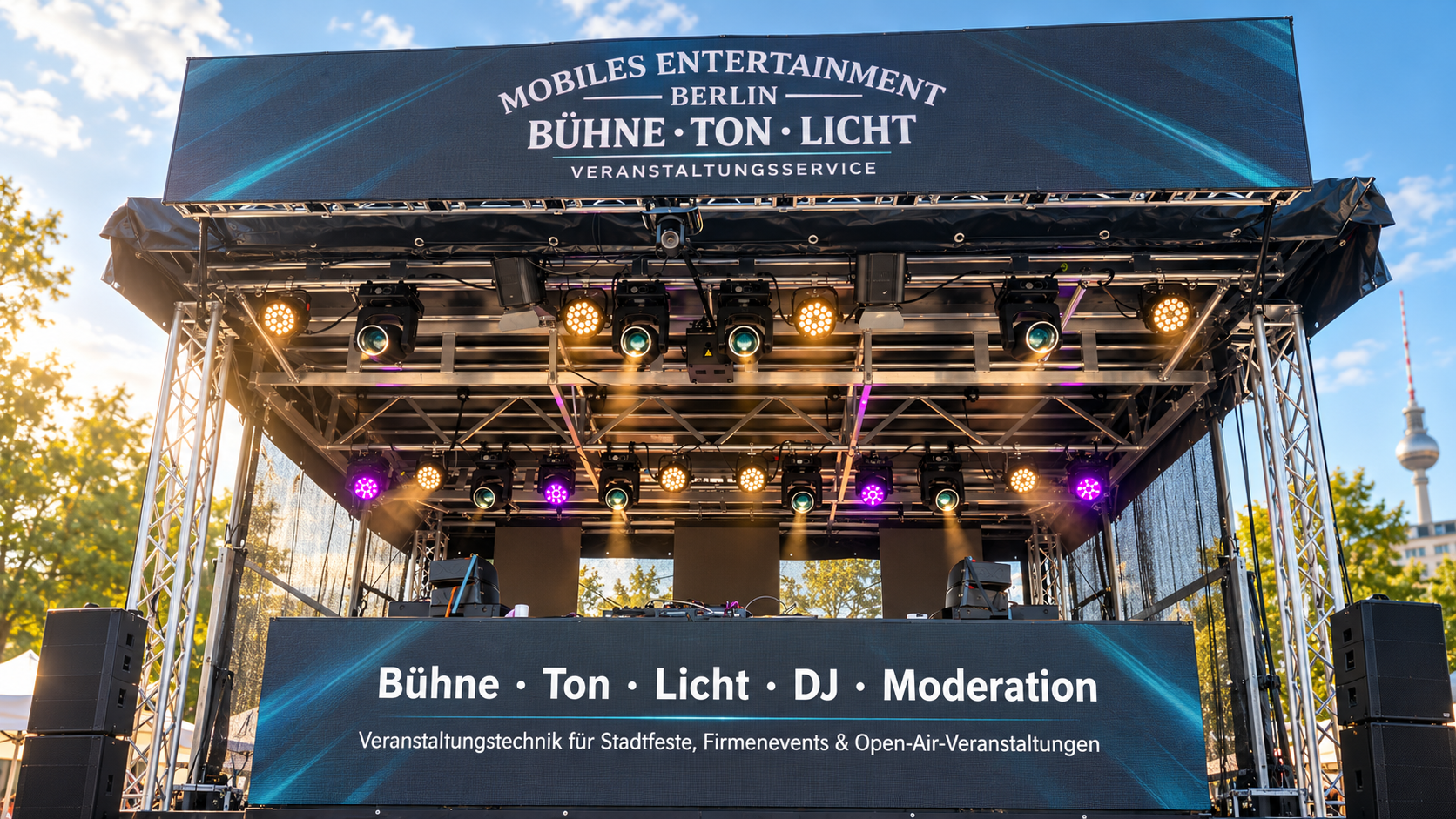 Veranstaltungsbühne von Mobiles Entertainment Berlin mit Bühne, Ton, Licht und LED-Technik